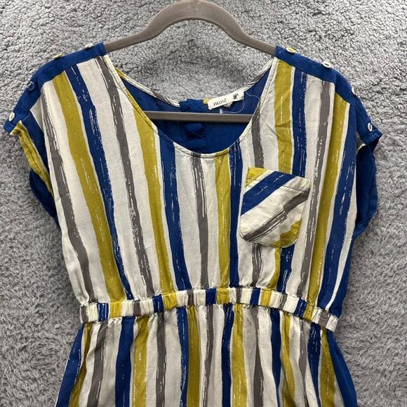 Mine NWOT Women's Large Blue Yellow Tunic‎ Short Sleeve Top Elastic Waist - Picture 2 of 8